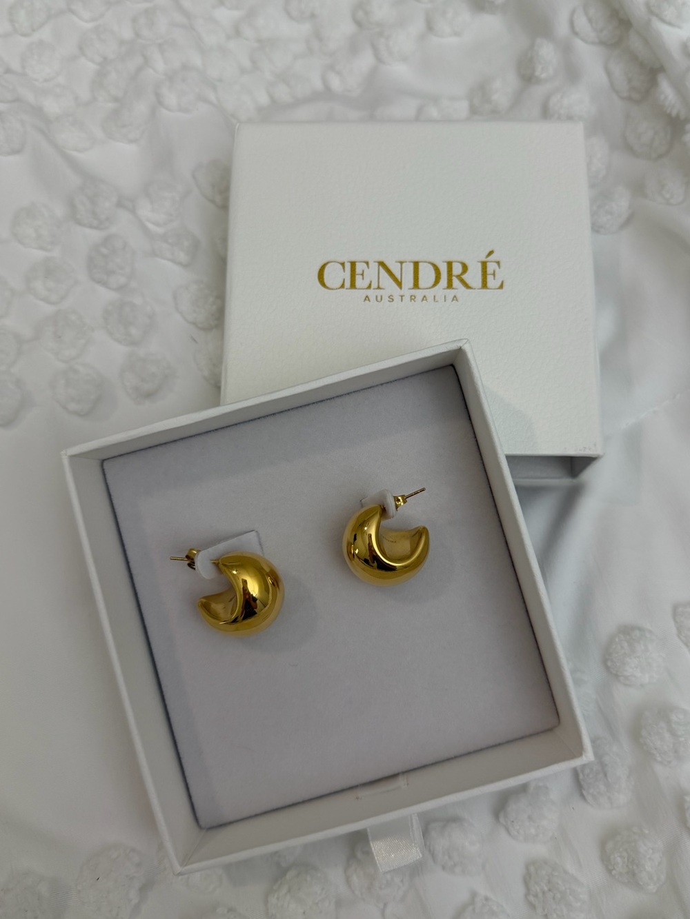 Cendre Bobbi Crescent Earrings Gold Teardrop with Box